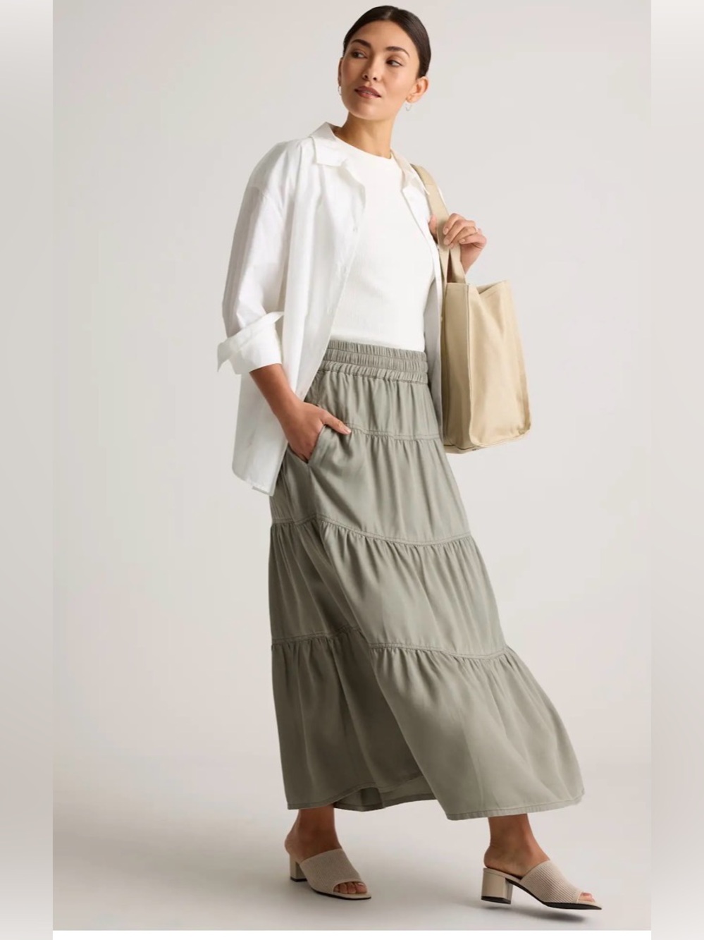 QUINCE Vintage Wash Tencel Tiered Maxi Skirt Size Medium